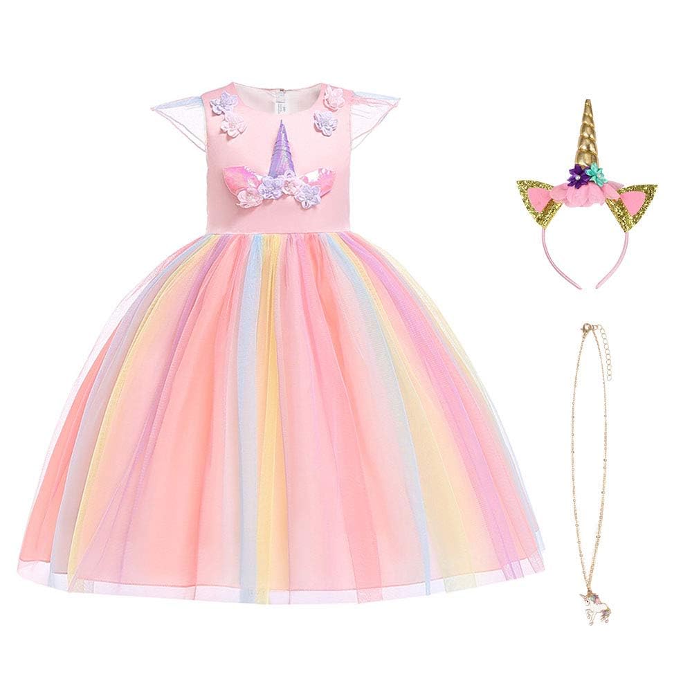 URAQT Unicorn Costume, Princess Unicorn Dress Fancy Dress with Necklace, Headband for Kids & Toddlers Birthday/Cosplay/Hallween Party,120 pour 4-5 Ans