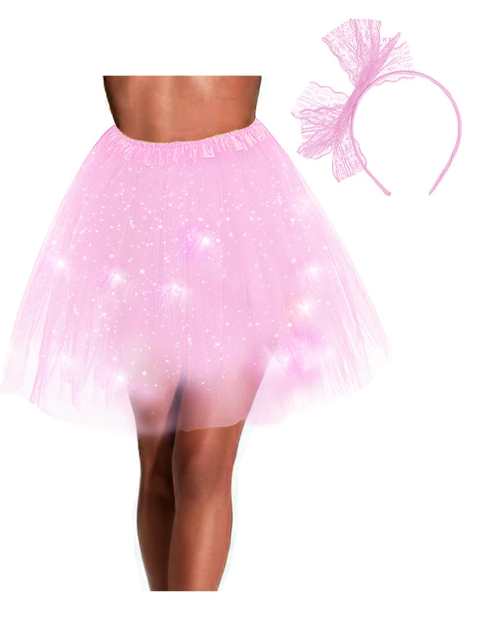 db11 Women's Tulle Tutu Skirt with Lace Bow Headband, Light Up Starry Sky Elastic Ballet Dance Skirt Fancy Dress Party Festival Costume for Party Halloween (Pink)