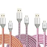 USB Cables, Eversame 3 Pack 6Ft 1.8M Premium Nylon Braided High Speed Data Sync Charger Cord with Aluminum Shell For Android, Samsung Galaxy S6 Edge Plus/Note 5, HTC and More (Hot Pink Orange Pink)
