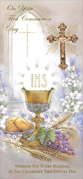 First Holy Communion Catholic Celebration Unisex Card with a Metal Cross Crucifix, Embossed and Boxed for a Special Girl or Boy