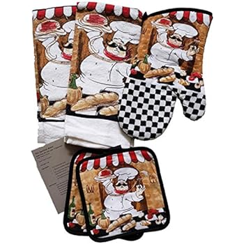 The Spotted Moose Colorful Chef Themed 5 Piece Kitchen Linen Bundle with 2 Dish Towels, 2 Potholders, and 1 Oven Mitt (Chef)