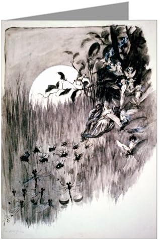 SINGLE Vintage Greeting Card of thisBlack And White Illustration Of A Fairy Queen and King Being Pulled by Beetles