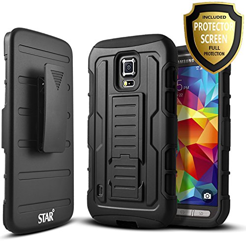 Galaxy S5 Active Case, Samsung Galaxy S5 Active Case, Starshop [Heavy Duty] Dual Layers with Kickstand and Locking Belt Clip With Premium Screen Protector Black