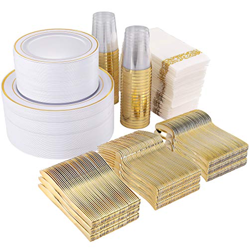 800 Piece Gold Dinnerware Set-200 Gold Plastic Plates-300 Gold Disposable Silverware Set-100 Cups-100 Linen Like Napkins-100 Paper Straws, Gold Tableware Set for Party or Wedding