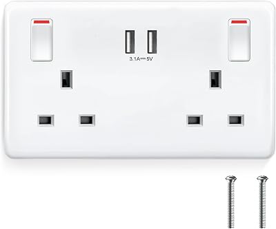 RICOKEY Double Plug Socket USB Switched Wall Socket 2 Gang 3.1A 15.5W White