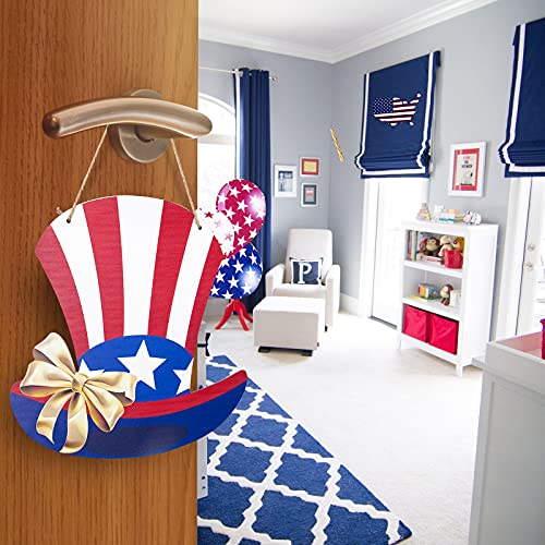 4th of July USA Hanging Wooden Door Sign Uncle Sam Patriotic Hat Wall Decor Hanging Wreath Sign Welcome Sign Perfect For Independence Day Memorial Day Patriotic Decoration Farmhouse,Porch,Garden,Front Door（11.8 X 11.8 inch)