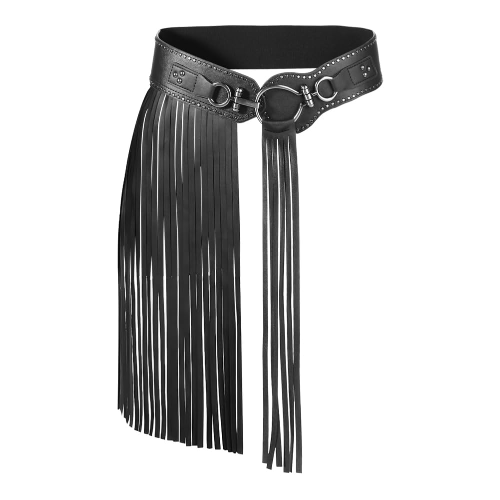 Fringe Leather Gothic Wide Belt - Medieval LARP Knight Costume with Viking Gladiator Tassel Skirt - Vintage Corset for Women