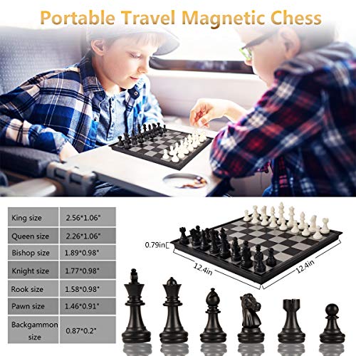 3-in-1 Chess Set - Travel Chess Set Magnetic Chess & Checkers & Backgammon Folding Chess Board Game, Portable Checkers with 3 Mesh Bags, Best Chess Games Gift for Kids and Adults 12.4 Inches