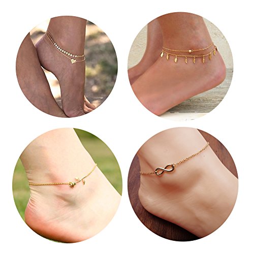 Daycindy Infinity Love Rose Charms Coin Chain Anklets for Women Golden, Pack of 4