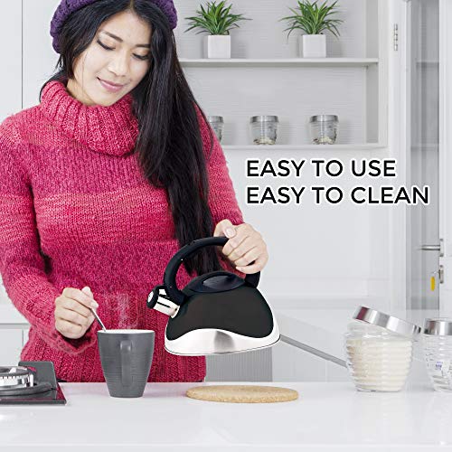 Whistling Stainless Steel Tea Kettle With Soft Grip Ergonomic Handle by American Dream- Stovetop Pot 3.2 QT-Black - Thumbnail 5