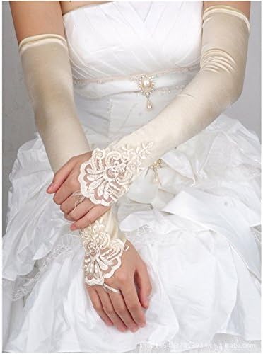 Casualfashion Bride Wedding Girls Evening Party Fingerless Pearl Lace Satin Bridal Gloves (Champagne)