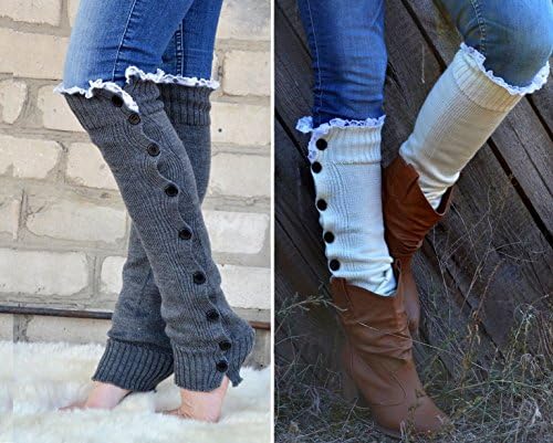 Charcoal grey Boot sock button Down Women legwarmer warmer slouchy with lace trim, leg warmer white-off milk