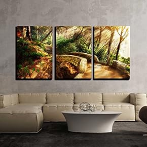 3 Piece Canvas Wall Art - Mystical Park Old Trees and Ancient Stone Bridge Pathway - Modern Home Art Stretched and Framed Ready to Hang - 16"x24"x3 Panels