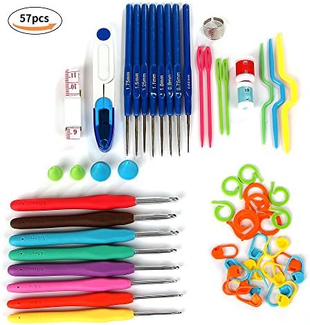 57 PCS 16 Size Crochet Hooks Knitting Needles Kit Sewing Tools Ergonomic Soft Rubber Handle Hooks Stitches Craft Case Crochet Set with Thimble,Sewing Tape Measure,Crochet Stitch Markers,Sewing Scissor