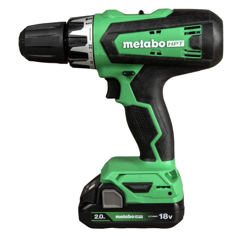 Metabo HPT 18V Cordless Drill Driver Kit, 1/2-Inch Keyless Chuck, Compact Power Drill Driver with 2.0Ah Lithium-Ion Metabo Battery, Charger and Bag, Powerful 470 in-lbs Torque, Two Speed Gear, DS18DFX