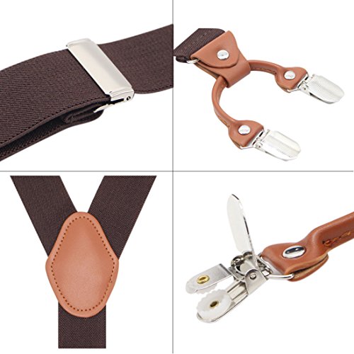 Bioterti Men’s Y-Shaped Heavy Duty Suspenders – 6 Metal Clips, Elastic Straps (Coffee)