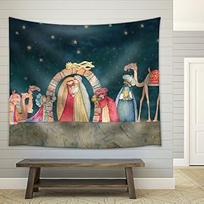Illustration Christian Christmas Nativity Scene with The Three Wise Men - Fabric Wall Tapestry Home Decor - 51x60 inches