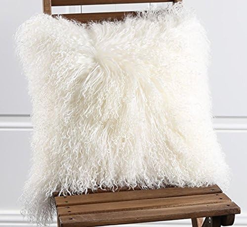 Smart Origin 100% Real Mongolian Lamb Fur Curly Wool Throw Pillow Cushion Decorative Pillow for Living Room Bedroom Car(White, 20x20in),Pillow Insert Included