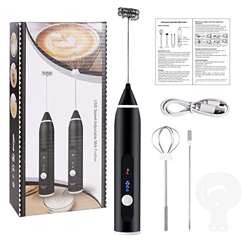 EZCO Milk Frother Handheld Electric USB Charging Drink Mixer Foam Maker for Coffee, Latter, Hot Chocolates with Egg Beater/Coffee Needle/Stencils, Black