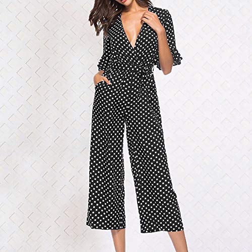 Corriee Women Spring Stylish Polka Dot Printed V-Neck Half Sleeve Wide Leg Romper Pants Long Jumpsuit Black