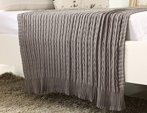 100% All Cotton Knit Throw for Sofa Classic Cable Pattern, 43x70 Inches, Lightweight Ideal for All Year Round Use, Grey