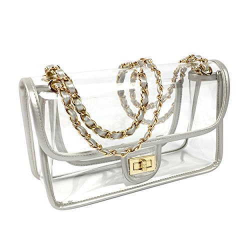 Flada Clear Purse Transparent Handbag Women Shoulder Bags with Chain Silver