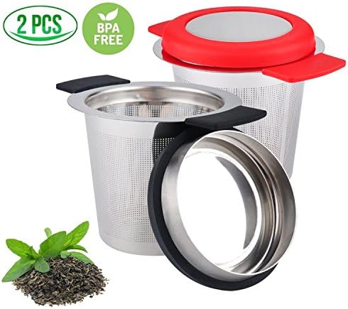 Tea Infuser for Loose Tea, Tea Strainer, 304 Mesh Stainless Steel Water Filter Set of 2, Silicone Covers Handles &amp; Lid Prevent Burns and Dishwasher Safe