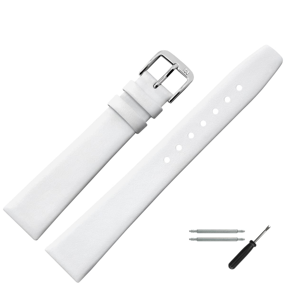 MARBURGER Watch Strap Bracelet 18mm Leather - Tool Assembly Kit 71018, White/Silver, strip