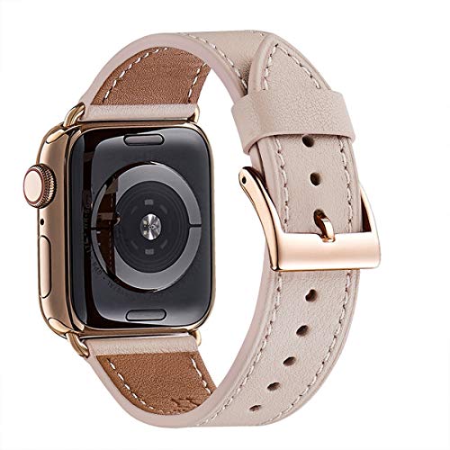 WFEAGL Compatible iWatch Band 40mm 38mm, Top Grain Leather Band with Gold Adapter (The Same as Series 4 with Gold Stainless Steel Case in Color) for iWatch Series 4/3/2/1 (PinkSand Band+Gold Adapter)