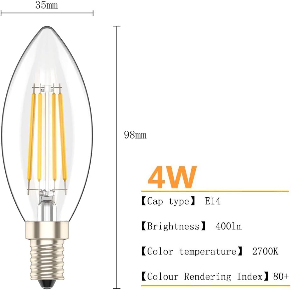 10 Pack 4W E14 LED Filament Candle Light Bulbs Warm White 2700K 40W Incandescent Bulb Equivalent 360 Beam Angle Non-Dimmable - Image 3