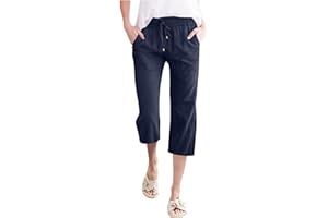 HUEAHDOU Capri Pants for Women Casual 2024 Summer Drawstring Elastic High Waist Linen Pants Straight Wide Leg Capris