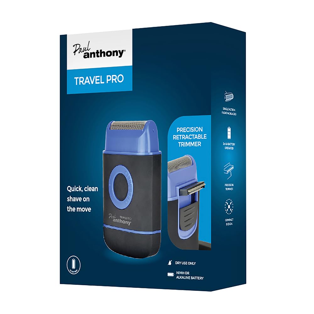 Paul Anthony Travel Pro Battery Operated Men's Compact Foil Shaver/Titanium Steel Flexible Blade/Retractable Side Foil Flexible Trimmer/Rubberised Finish / 2 x AA Battery Operated - H5001