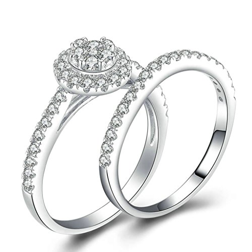 Bishilin Silver Plated Cubic Zirconia Inlaid Engagement Ring Wedding Band Sets For Her Size 9
