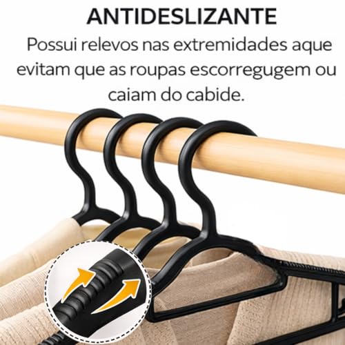 Kit 20 Cabides Adulto Preto Antideslizante Reforçado Cabide Resistente Para Roupas Calças Camisetas Contém Porta Gravata Cinto Lenço Camisas Ternos Gancho para Vestido