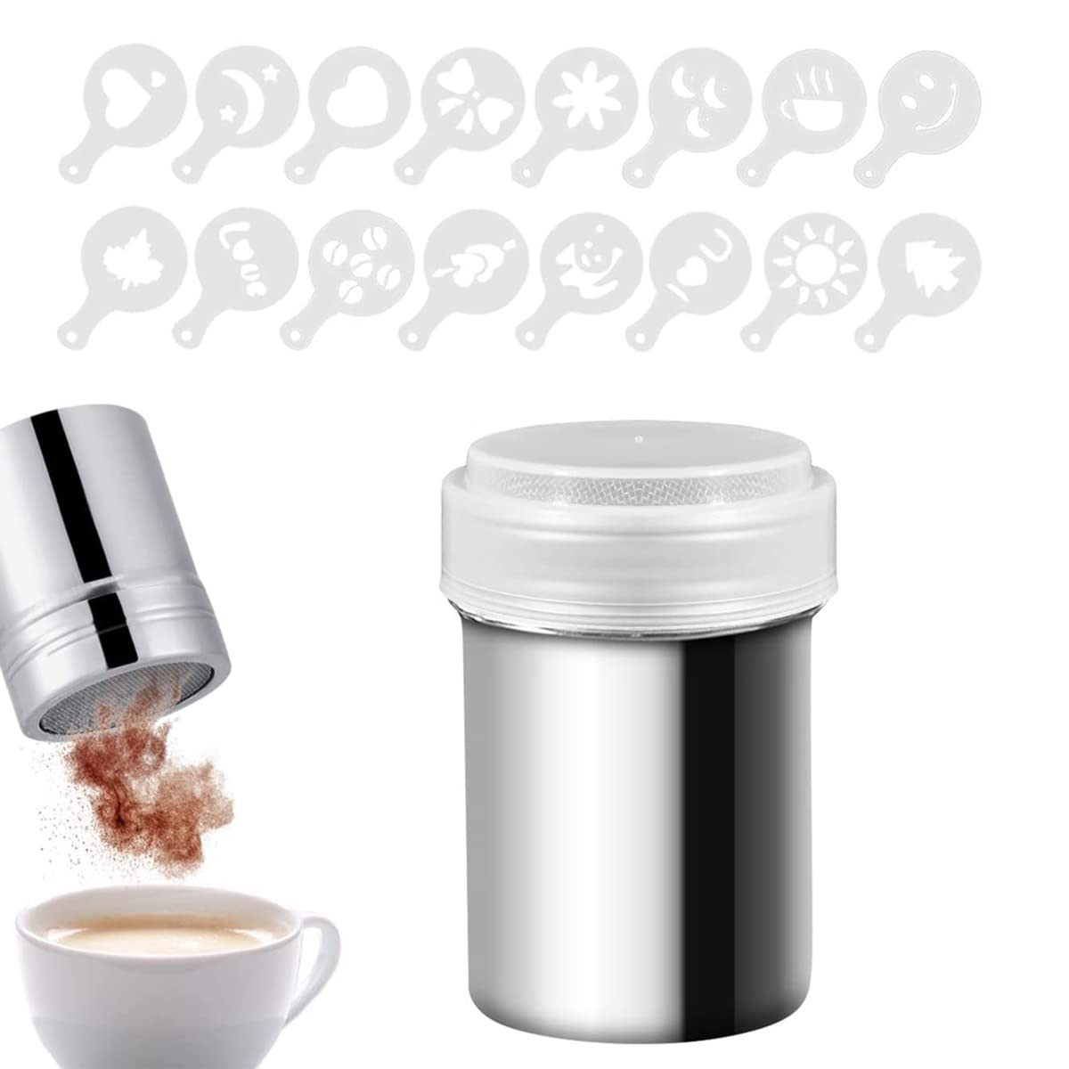 Flour Sugar Salt Shaker - 7oz Stainless Steel Chocolate Powder Shaker with 16 Coffee Molds, Fine Mesh Flour Duster for Baking Cooking, Icing Sugar Salt Cocoa Flour Shaker Sifter for Kitchen Craft