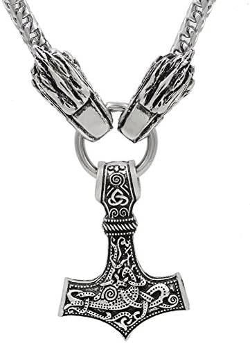 xicoh Viking Wolf Head with Thor's Hammer Mjolnir Scandinavian Bear Paw Wolf Pendant Necklace - Stainless Steel Chain