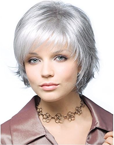 KUNMEI Wig Short Natural Curly Wigs -Silver Wigs for Women Heat Resistant Synthetic Full Wigs With Bangs + a Free Wig Cap (silver)