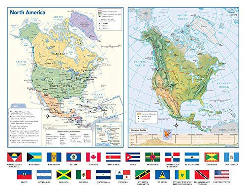 North America Political & Physical Continent Map with Country Flags - 17" x 13.25" Laminated