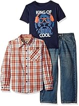 Lee Little Boys' 3 Piece Button Down Shirt, Graphic Tee, Jean Set, King Inkwell Blue, Medium