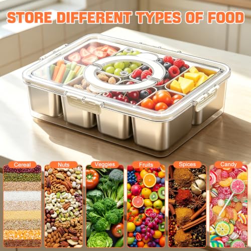 Kezidhp Snack Box con Cuencos Aperitivos - 8 compartimentos de acero inoxidable, con tapa, recipiente portátil con asa, para snacks, caramelos, galletas, verduras, frutos secos, frutas, especias