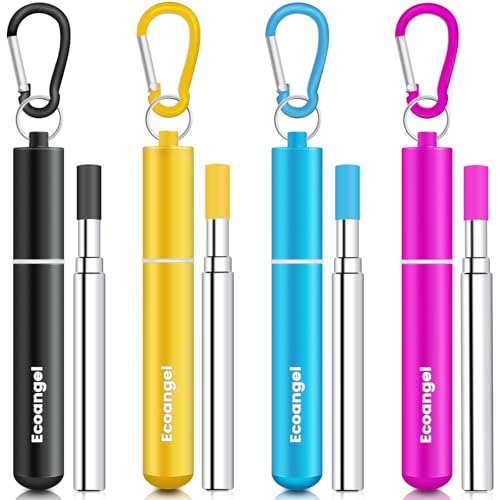 4 Pack Portable Reusable Metal Straw Collapsible Stainless Steel Drinking Straw Telescopic Straw to Drink Water Smoothie with Aluminum Key-chain Case & Cleaning Brush （Black & rose gold & blue & gold）