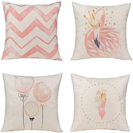 Unique Warm Decorative Pillow Covers Pink Feather&amp; Romantic Flamingo Cotton and Linen Home Decor,18×18 Inches Pack of 4
