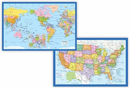 Classic United States USA Map and World Map Set, Small Poster Size 11.5 x 17.5 inches, 2-Sided Sealed Lamination (Set of 2: 1 World Map and 1 USA Map)