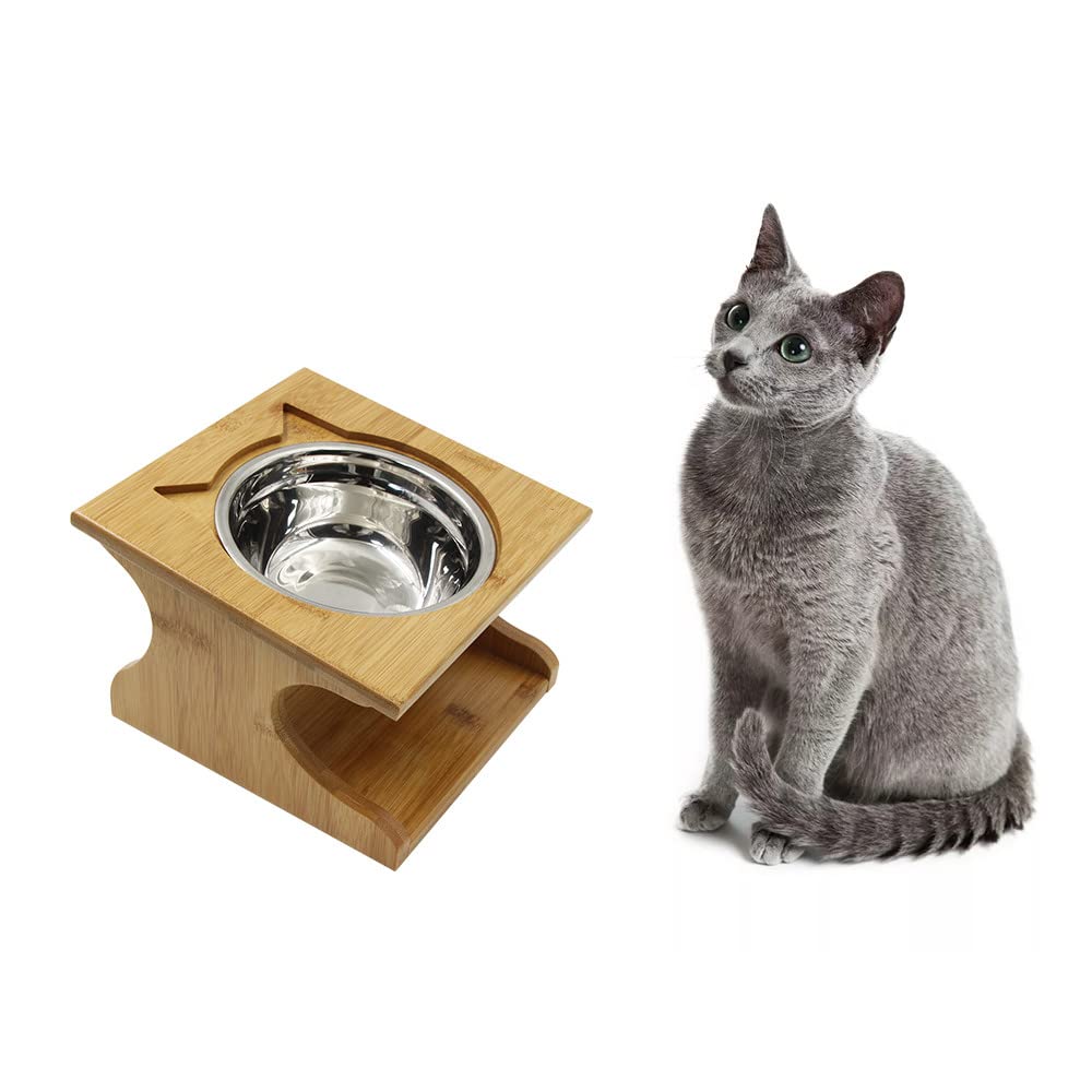 Petsoigné Cat Bowls Pet Dining Table with Raised Slope Wooden Stand Elevated Pet Bowls with Oblique Stand for More Comfortable Eating for Cats, Dogs, Kitten and Puppy (1 Bowl, Steel)