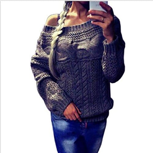 Women Knit Sweater Chunky Strapless Boat Neck Long Sleeve Pullover,Small,Grey
