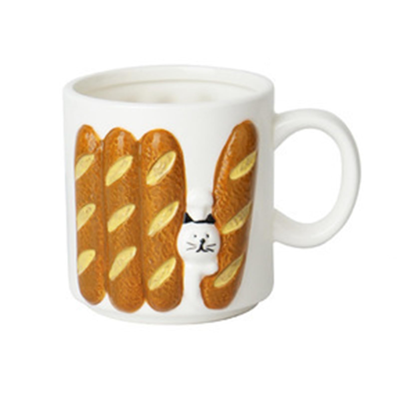 Soulnioi Ceramic Coffee Mug, Cute Toast Cat Cappuccino Cup, 200ML Breakfast Oatmeal Cup Creative Tea Milk Cup for Gift - White