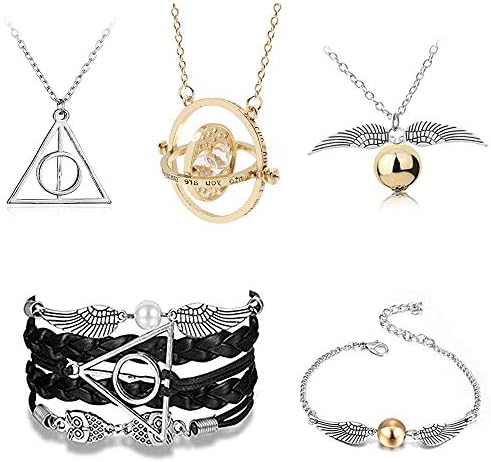 Harry Potter Necklace Bracelet Earrings Set Time Turner Deathly Hallows Golden Snitch for Harry Potter Fans Gifts Collection Magical Cosplay Costume Jewelry