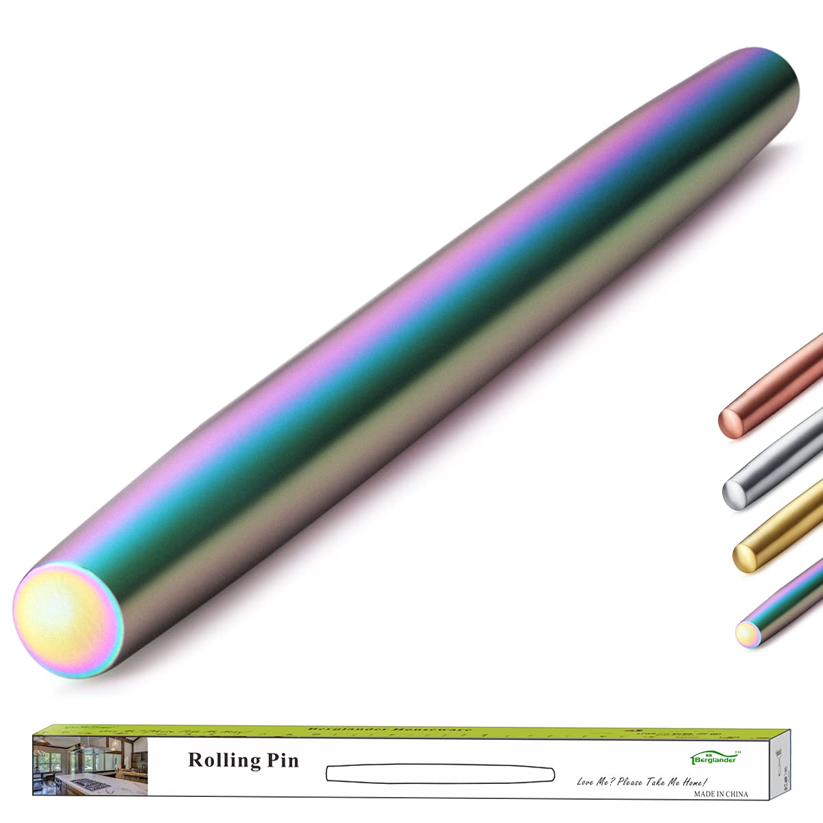 Berglander Stainless Steel Rolling Pin Matte Finish with Rainbow Titanium Plating for Baking Pizza Dough, Pie, Cookie, Essential Kitchen Utensil Gift Ideas Gor Bakers. — image 1