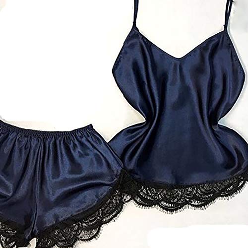 Usstore Women 2PCS Eyelash Lace Sleepwear Pyjamas Sets Sexy Charming Satin Thin Sling&Shorts Babydoll Home Lingerie (XL, Navy)