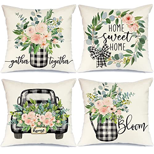 Farmhouse Pillow Covers 16x16 Set of 4 Buffalo Plaid Truck Floral Bloom